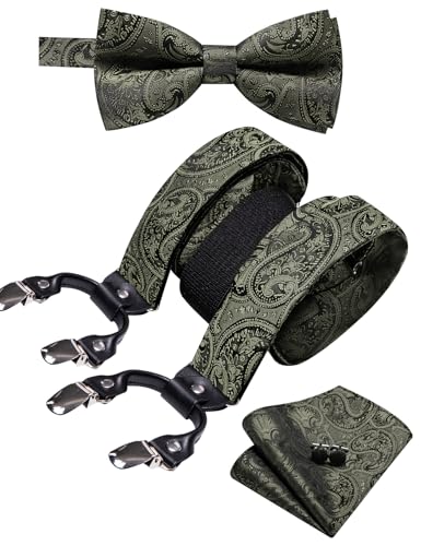 Image of YOHOWA Men Suspenders 6 Clips Strength Adjustable Y Braces Pre-Tied Bow Tie Set Formal Wedding Party