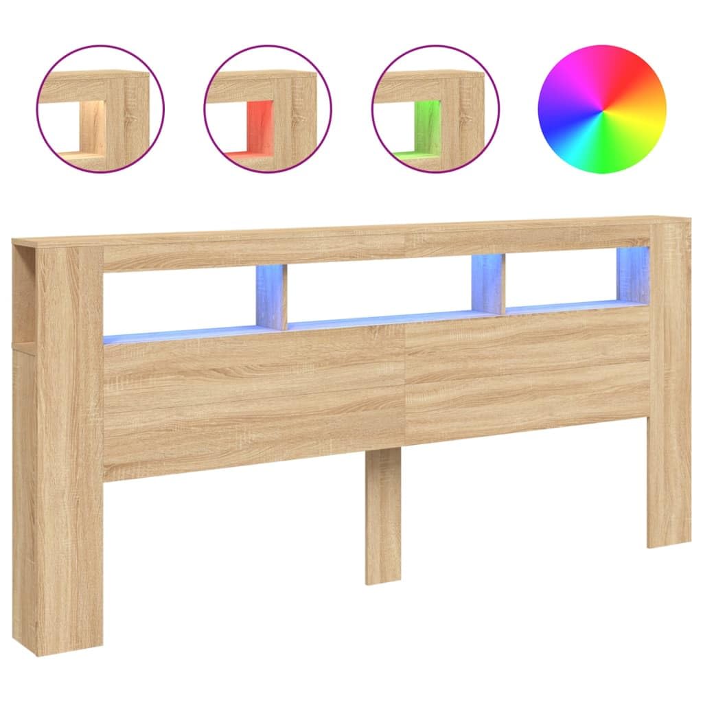 SECOLI Testiera Letto Matrimoniale con Scomparti e Luci in Legno Multistrato Rovere Sonoma 220x18,5x103,5 cm