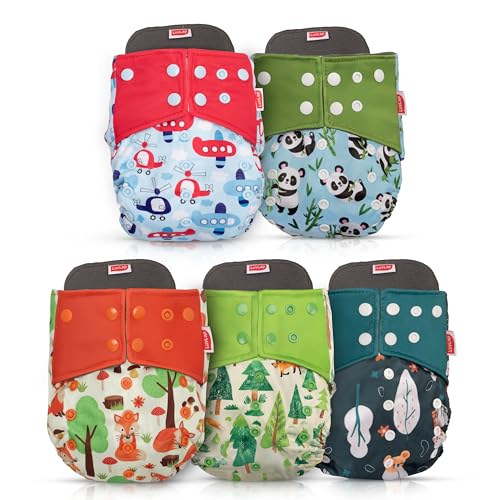 Image of LuvLap Reusable Baby Cloth Diapers Combo Pack of 5 (5 Shell + 5 Pads) Double Leak Guard, High Absorption, Stain-Proof Comfort & Protection, 3m+, Rash Free, Adjustable Waist & Height with Snap Buttons