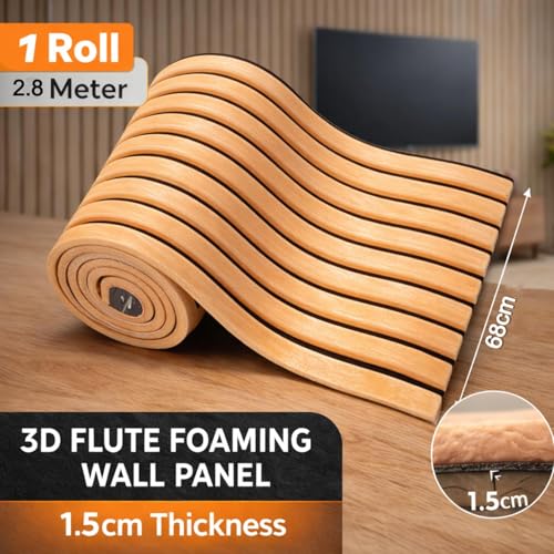 Image of Self Adhesive 3D Wooden Fluted Foam Wall Panel Roll 68 x 280 cm, Waterproof Peel Stick Wall Cladding for Living Room, Bedroom, TV Background Office Cover.