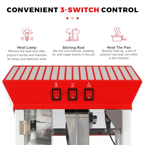 Image of 12 oz Popcorn Machine with Cart, Commercial Popcorn Maker Machine with Stainless Steel Kettle, Warming Light, Vintage Movie Theater-Style Popper for Home, Party and Carnival Events