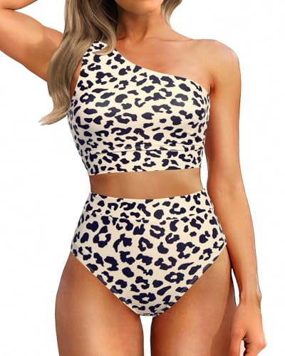 Image of Holipick Women One Shoulder High Waisted Bikini Sets Two Piece Swimsuit Tummy Control Bathing Suit Full Coverage Swimwear