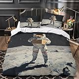 Astronauta sosteniendo una caja Impresión 3D 3 piezas funda de colchón Estilo explorador espacial funda de edredón microfibra morbida antiácaros para chicas adolescentes mujeres Single (135x200cm)