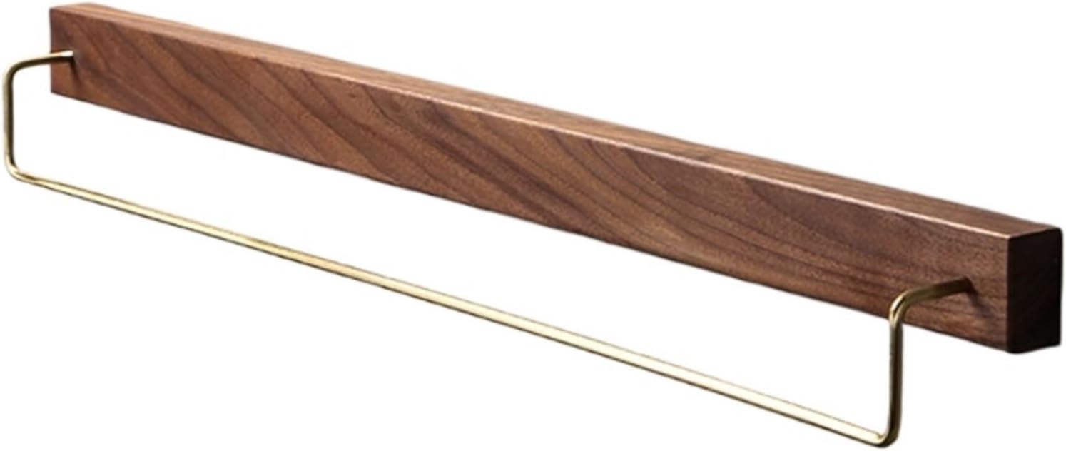 壁掛け式ブラックウォールナット木製タオルラック、レトロな真鍮製タオルバー＆フック、バスルーム＆キッチン用木製タオルホルダー