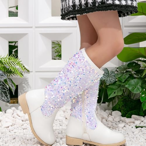 Girls Glitter Sequin Boots High Top Western Boots Sparkly Chunky 𝐋ow Heel Fashion Non-Slip Princess Dress Shoes3