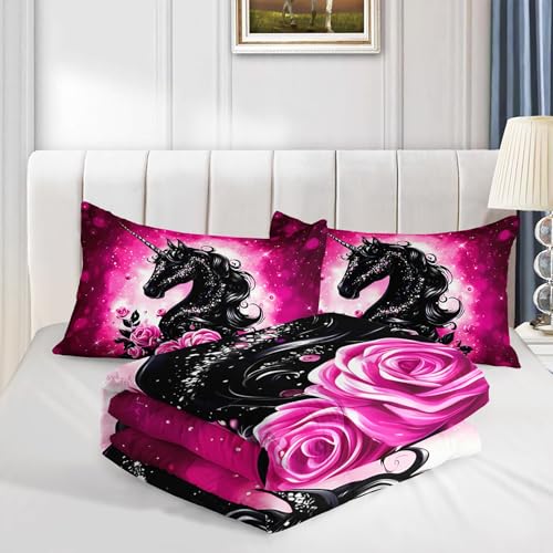 Image of AILONEN Unicorn Comforter Set Twin Size,Pink and Black Sparkling Bedding Set 3Pcs,Bedroom Decor for Girls Teens,Fantasy Glitter Quilt with 2 Pillowcases