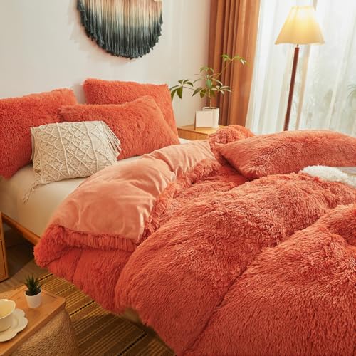 Fluffy Faux Fur Terracotta Comforter Cover King Set – Plush Fluffy Terracotta Bedding 3-Piece Set (1 Duvet Cover + 2 Furry Pillow Shams) Cozy Bed Set