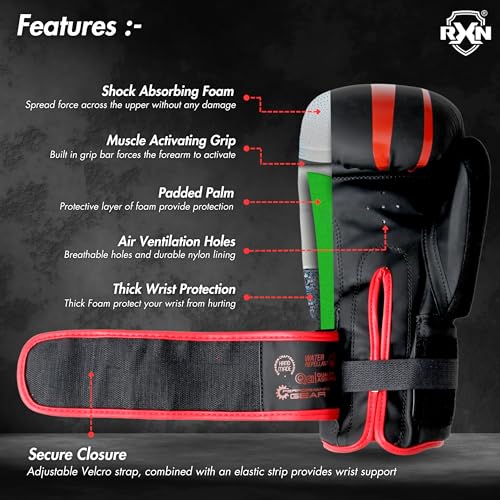 Image of RXN R1 Boxing Gloves with Microfiber Thumb, Premium, High-Performance & Durable for Men, Women & Kids, Training, Kickboxing, Taekwondo, MMA, Muay Thai & Martial Arts (Black /Red, 14oz)