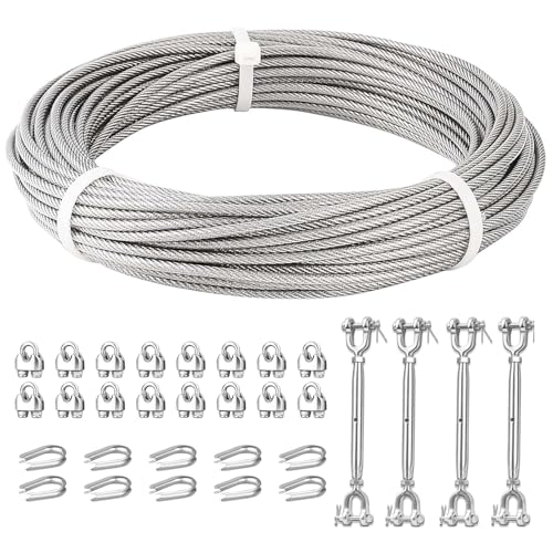 4PCS Tensores Quijada 1/4" (M6) Acero Inoxidable 304, Cable de Acero 3/16" de 100 pies con Abrazaderas y Cabezales miniatura 1