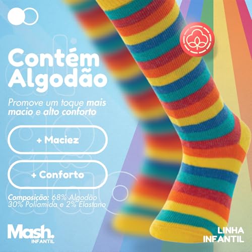 MASH BEBÊ INFANTIL Kit 2 Pares Meia Cano Longo Listrada Unissex, 1 Amarelo Médio - 1 Azul Turquesa E
