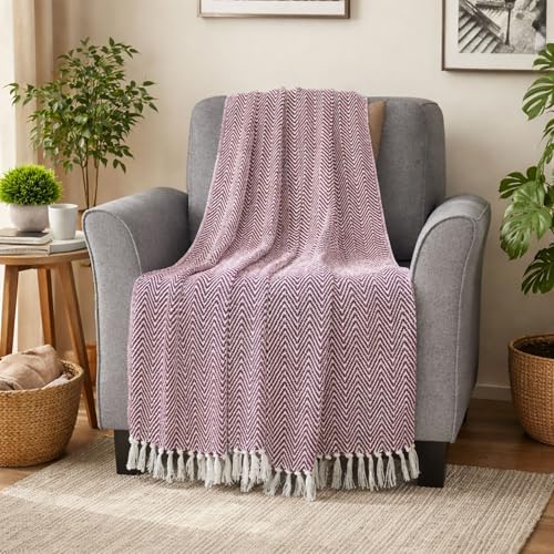 Image of Chevron 60x50 Inch Reversible Cotton Throw Blanket with Tassels| Blanket for Living Room, Sofa, Bed, Chair, Picnic & Used for Gift | Wine Maroon Wide Chevron, Size 150x125 cm