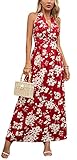 Kormei Women's Boho Floral Strap V Neck Halter Sleeveless A line Plain Smocked Summer Beach Party Maxi Long Dress M Red/White Floral