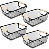 Ziliny 4 Pcs Metal Wire Basket with Wooden Handles Mesh Steel Storage Organizer Bin Containers for Home Organizing Cabinet Pantry Closet Kitchen Fridge Fruit Makeup Snacks Gifts(Small,Black)