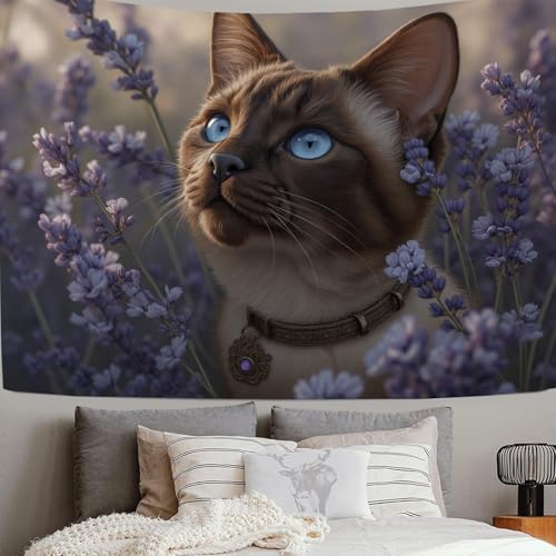 Tenture murale chat siamois pour salon et chambre ado bleu