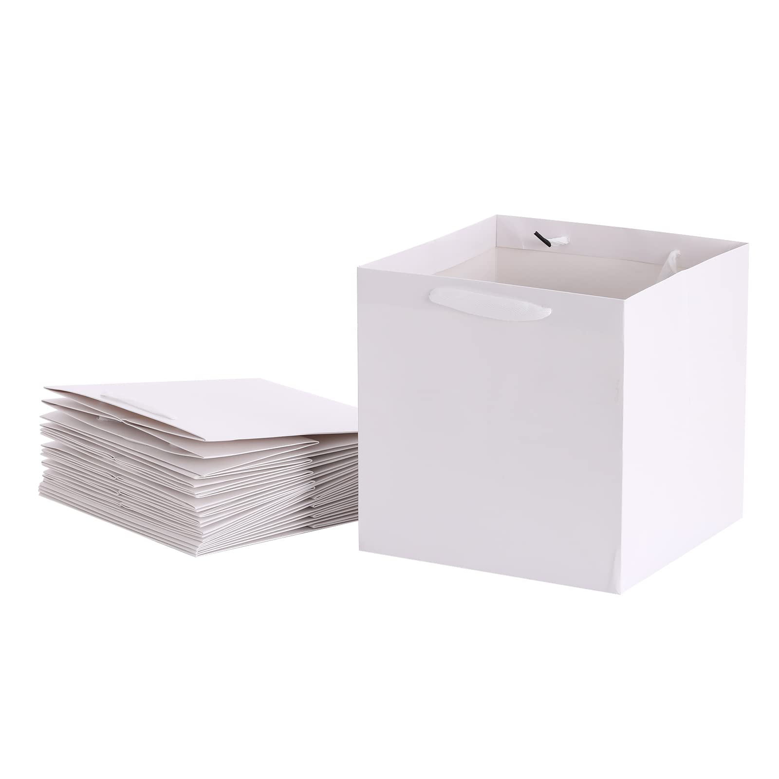 REDDOTGIFT® 10-Pack Shopping Paper Bags White Kraft Square Base Plain Paper Bags 250gsm thickness paper bags with Ribbon Handle (25x25x25cm, White)