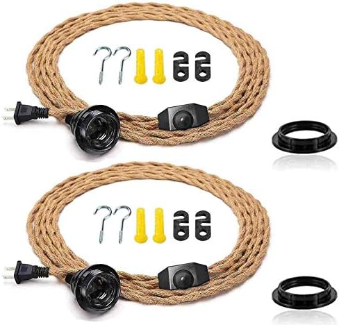 [2Pack 15FT]Pendant Light Cord Kit with Dimmer Switch,Twisted Hemp Rope Vintage Plug in Hanging Lighting,Industrial Lamp Socket Set E26,Extension Hanging Lantern Cable for Farmhouse,Retro DIY Projects