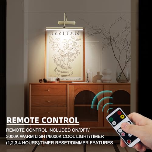 Image of RAIFOOLLY Picture Light,3AA Battery Art Lights for Paintings,Wireless Wall Lighting,Remote Control Accent Light with Timer and Dimmable for Frame,Portrait,Dartboard-Antique Brass