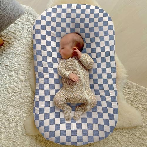 Image of guruixu Muslin Baby Lounger Cover 2 Pack, 100% Cotton Infant Lounger Cover, Soft & Breathable Replacement Slipcover, Compatible with Snuggle Me Newborn Lounger (Tradewinds,Tradewinds Check)