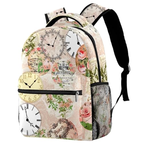 Sac à dos d'école horloge rose Paris vintage pour ado fille et garçon 40cm