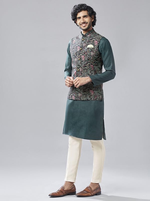 Kisah Kurta Jacket Set For Men  Printed Pure Cotton Ethnic Set With Trouser | Traditional Indian Outfit For Weddings, Festive & Semi-Formal Wear, Black, 44