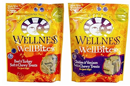 Wellness WellBites Soft & Chewy Treats For Good Dogs 2 Flavor Variety Bundle: (1) Wellness WellBites Beef & Turkey Recipe Soft & Chewy Treats, and (1) Wellness WellBites Chicken & Venison Soft & Chewy Treats, 6 Oz. Ea. (2 Bags Total)
