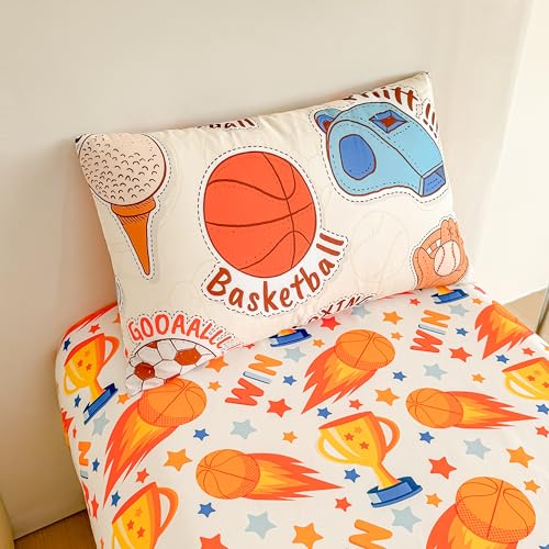 Image of Tailor Shop 4 Pieces Toddler Sports Bedding Toddler Basketball Football Baseball Comforter for Boys Bed in A Bag Includes Quilted Comforter Fitted Sheet Top Sheet and Pillow Case
