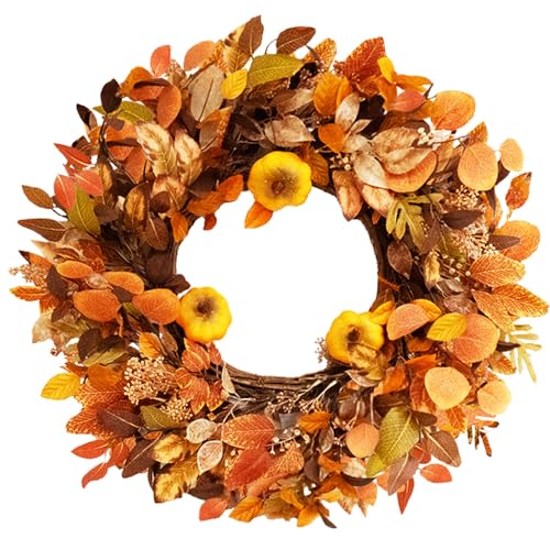 Qingbei Rina Wreaths for Front Door 22 Inch, Outdoor Autumn Wreath for Farmhouse, Eucalyptus, Bright Oak Leaves, Pumpkins, Berries Fall Leaf Harvest Window Decor