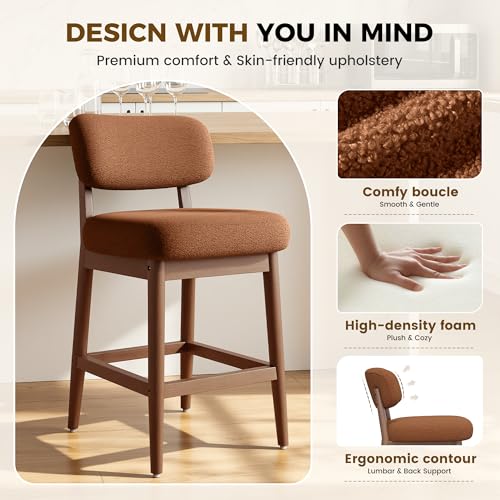 Image of Counter Height Bar Stools Set of 2, Mid-Century Modern Boucle Bar Chairs with Solid Wood Frame, Fluffy Upholstered Stools with Backrest for Kitchen Island, Home Bar, Caramel Brown