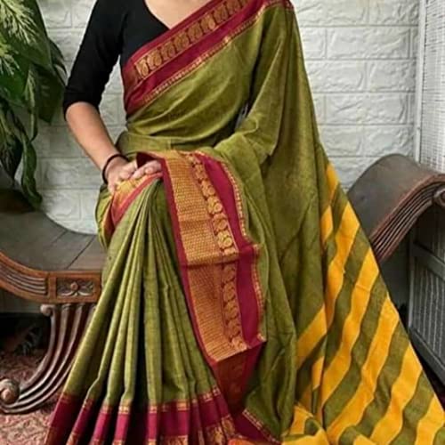 Image of Narayanpet Pure Cotton Saree With Running Blouse piece For womens (Mehandi)