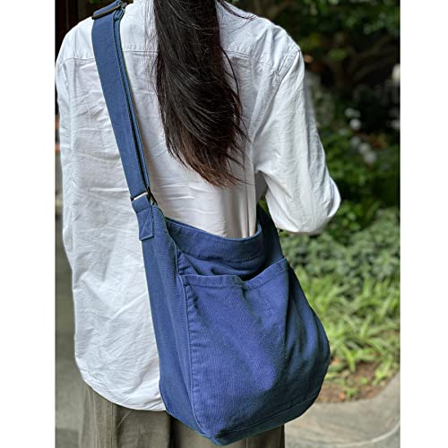Image of Canvas Hobo Crossbody Shoulder Tote Bag for Women and Men W /Multi-pocket Casual Purse Messenger Bags Travel Work