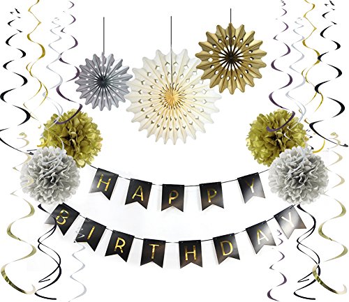 SUNBEAUTY Decoration Anniversaire Noir et Or Happy Birthday Banderole Argentée pour Homme Femme Adultes 30 50 Ans 9 pcs