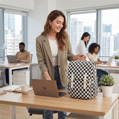 Image of Women Laptop Backpack, Corduroy 15.6 inch Travel Backpack for Work College Business, Teacher Nurse Bag with Large Capacity School Bookbag Bags for Girls - Checkered Black