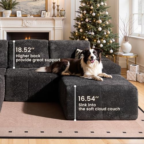Image of 114 inch Glitter Cloud Sectional Couch with L-Shape Chaise & Ottoman, Modern Boneless Couches for Living Room, Fluffy Tufted Deep Seat Modular Sofa No Assembly (Gray Sparkly Velvet,Left Facing)