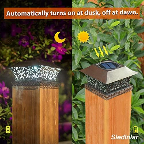 Siedinlar Solar Post Lights Solar Garden Lights Metal Cool White LED Light Waterproof for Garden Deck Fence 4x4 5x5 inch Wooden Posts (2 Pack)