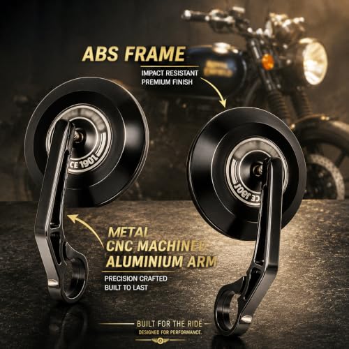 Image of SAAD Round Convex Bar End Mirror Compatible With All RE Motorcycles | Classic 350, Hunter 350, Meteor 350, etc | Rear View Mirror | Metal Handle & ABS Frame | Set of 2 Black | Bullet Accessories