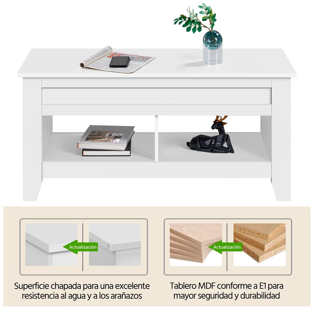Yaheetech Mesa Centro Elevable de Madera Mesa de Café para Salón con Revistero Mueble de Diseño Moderno 104.5 x 49.5 x (49-61.5) cm Blanco