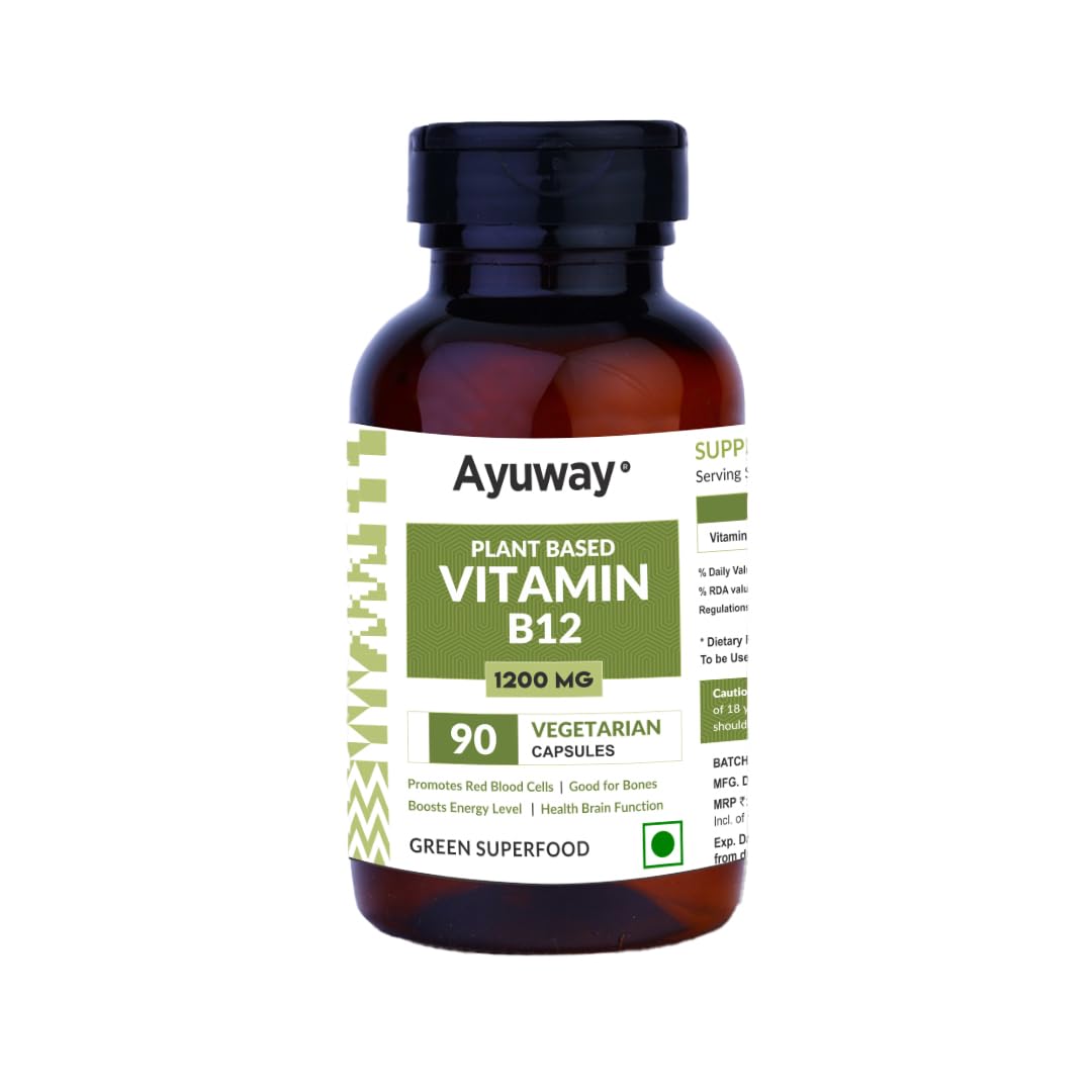 AYUWAY Plant Based Vitamin B-12 | Natural Wheat Grass, Moringa, Alfalfa | Boost Energy Level | Good For Nervous System & Brain Function (90 Capsules)