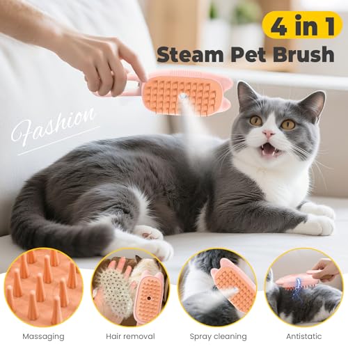 Image of Cat Steam Brush for Shedding, 4 in 1 Rechargeable Steam Brush for Cats and Dogs, Anti-Static, Massage, flea comb for cats& Pet Removal Hair Glove,Shedding & Combing All In One!(Pink)