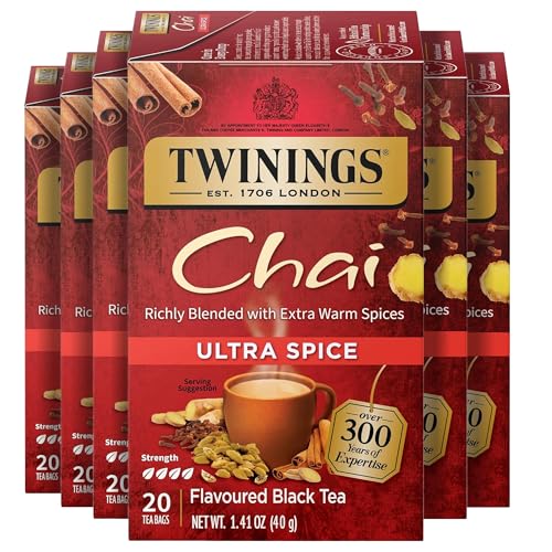 Twinings Ultra Spice Chai Individually Wrapped Bags, 20 Count (Pack of 6), Sweet, Savoury Spices, Caffeinated, Enjoy Hot or Iced, 120 Teabags