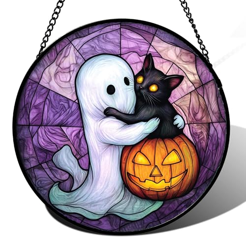 Image of Stained Glass Window Hanging - Halloween Decorations Ghost Black Cat Pumpkin Suncatcher for Door Garden Spooky Purple Sun Catchers Gothic Decor Horror Gifts for Women Men Friend Boy 6.3 in