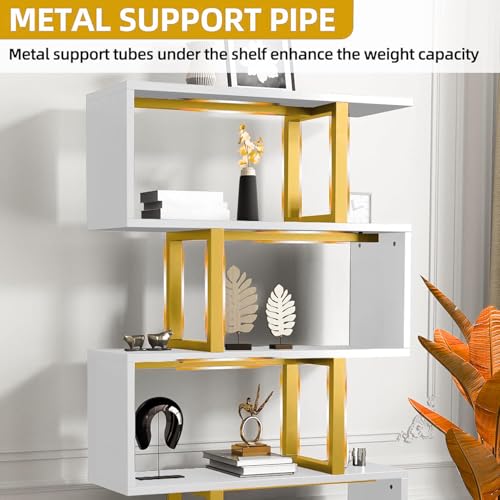 DWVO Geometric Bookshelf, 5-Tier Bookshelf S-Shaped Bookshelves, Modern Geometric Bookcase Freestanding Multifunctional Storage Shelving for Living Room Home Office,White Gold