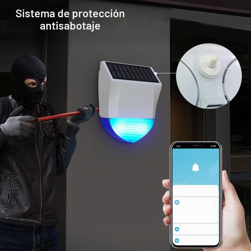 Tuya WiFi Sirena Alarma Exterior Sonido y Luz Alarma Impermeable Solar Sonido Luz Alarmas