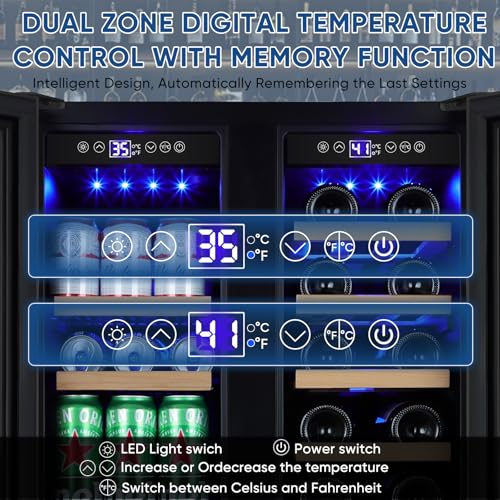 Image of Wine and Beverage Refrigerator 24 inch, Dual Zone Wine & Beverage Cooler with Glass Door and French Door, Built-In /Freestanding Wine and Beer Fridge Holds 21 Bottles & 88 Cans for Home /Bar - Black