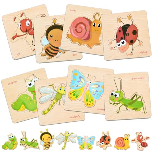 8 Piezas Rompecabezas de Madera Animales para Niños, Puzzle de Madera Juguetes Montessori Juegos Educativos Preescolar de Aprendizaje Infantil 1 2 3 Año Regalo de Cumpleaños Navidad (Insectos)