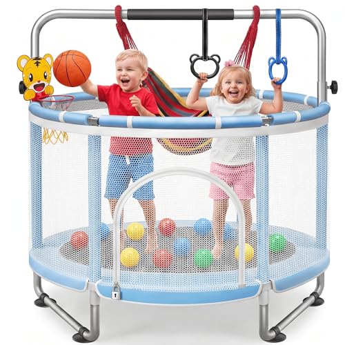 Seray 55 Kids/Toddler Trampoline with Safety Enclosure Net Indoor & Outdoor 440LBS Capacity 6-in-1 Trampoline with Basketball Hoop Swing Gymnastics Bar&Pit Balls Kids/Baby/Boys/Girls/Toddler Toy