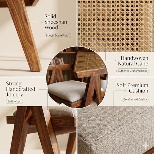 Image of Solid Sheesham Wood Cane Arm Chair with Cushion | Handmade Rattan Accent Chair for Living Room, Balcony, Bedroom & Cafe | Wooden Lounge Armchair | Honey Brown