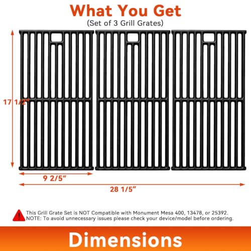 Image of Grill Grates for Monument 24367 35633 17842, Cast Iron Grates Replacement Parts for Dyna Glo 5-Burner DGE530SSP DGE530SSP-D BGE530PSP DGF530SRP DGE530SSP-1, Cooking Grids 3 Pack