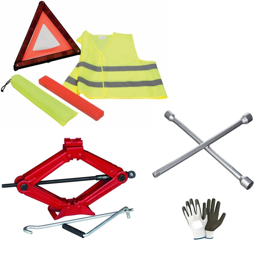 COMPATIBILE CON AC KIT SOS EMERGENZA STRADALE PER AUTO CRIC A PANTOGRAFO CRICK+CHIAVE A CROCE PER BULLONI+TRIANGOLO DI EMERGENZA+GIUBBINO FLUO
