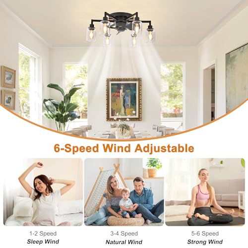 Image of Garwarm 26IN Ceiling Fans with Lights, Black Flush Mount Ceiling Fan with Lights Remote Control,Low Profile Bladeless Ceiling Fan Light Fixture for Bedroom, Kitchen, Dining Room