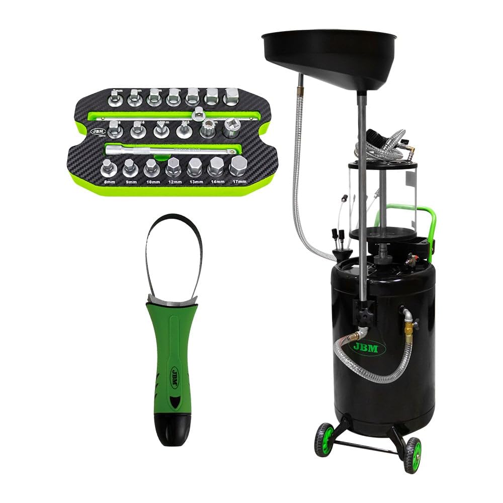 Raccoglitore olio 90L JBM 53874 con aspirazione – scarico olio motore e cambio, serbatoio alta capacità, carrellato, IN OFFERTA con 2 omaggi - CHIAVE PER FILTRI OLIO - KIT CHIAVI PER TAPPI OLIO MOTORE